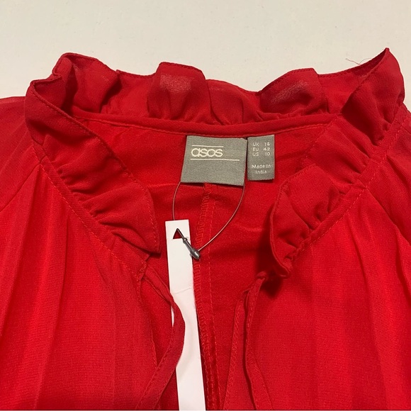 ASOS Red Chiffon Pleated Trapeze Dress w. Ruffle Neckline & Tie - Size 10 - Picture 10 of 16